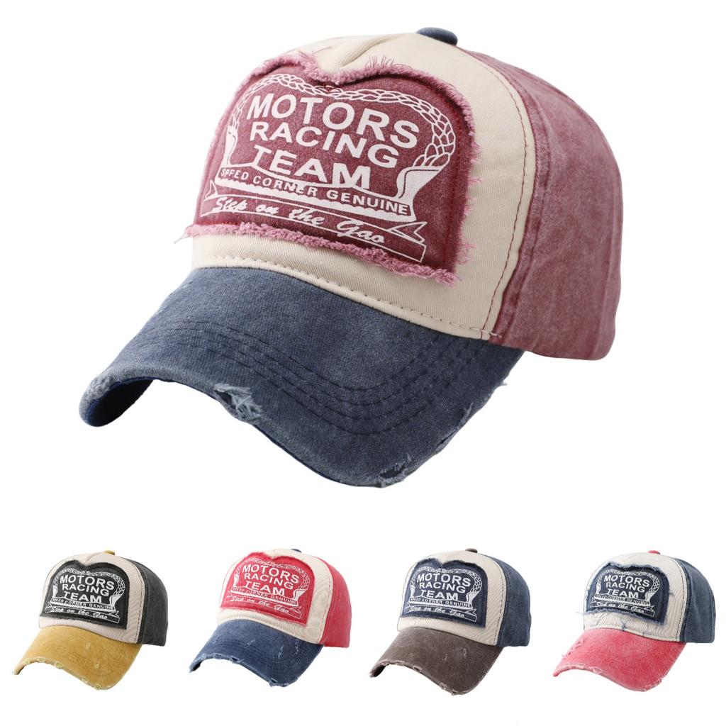 MOTO color-blocked baseball caps for women, American vintage distressed baseball caps, men's large head circumference, deepened hip-hop caps
