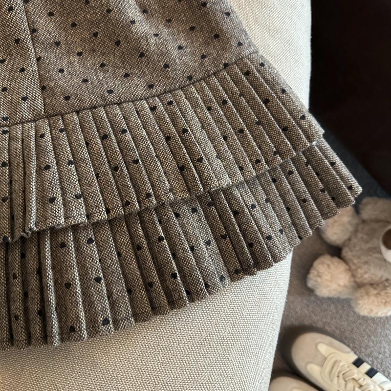 Korean Grey Polka Dot Woolen High-Waisted Mini Skirt with Bow Knot