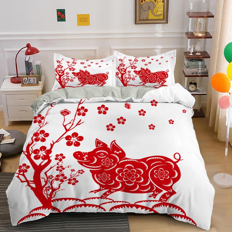 Chinese Culture Style King Queen Duvet Cover Festive Red Bird Dog Bedding Set New Year Comforter Cover Polyester Quilt Cover