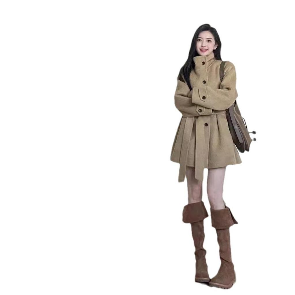 "Women's Khaki Wool Coat: Korean-Style Lace-Up, Medium-Length, Perfect for Autumn/Winter"