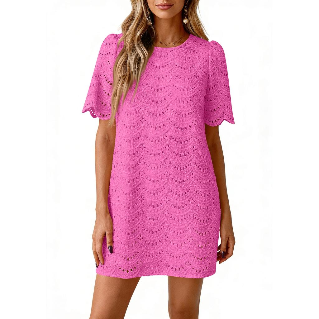 Summer Casual Short Dresses Embroidered Lace Short Sleeve Boho Dress Beach Vacation Clothes
