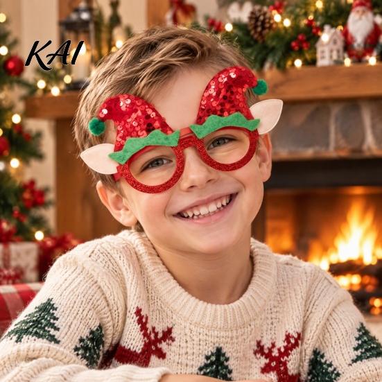 Decorative Elf Hat Eyewear Christmas Glasses with Sequin & Ears, Funny Party Reusable Photo Booth Prop for Kids Adults, Festive Holiday Costume