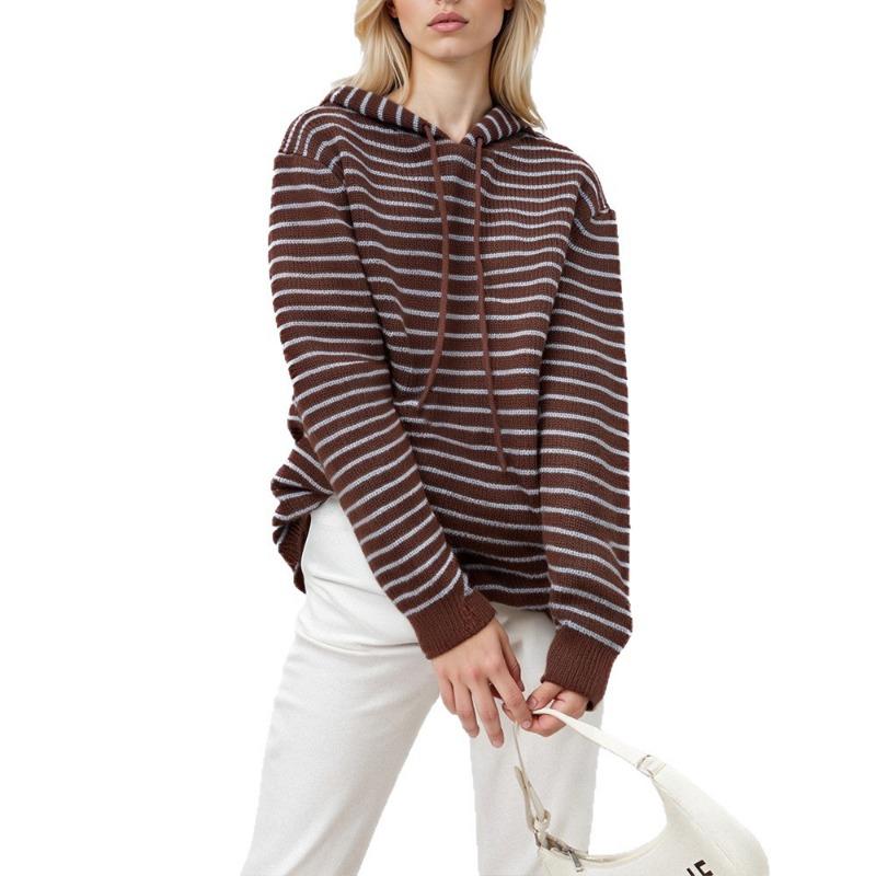 Hettegenser retrostripet pullover dame høst og vinter lat stil avslappet løs stor størrelse strikket genser