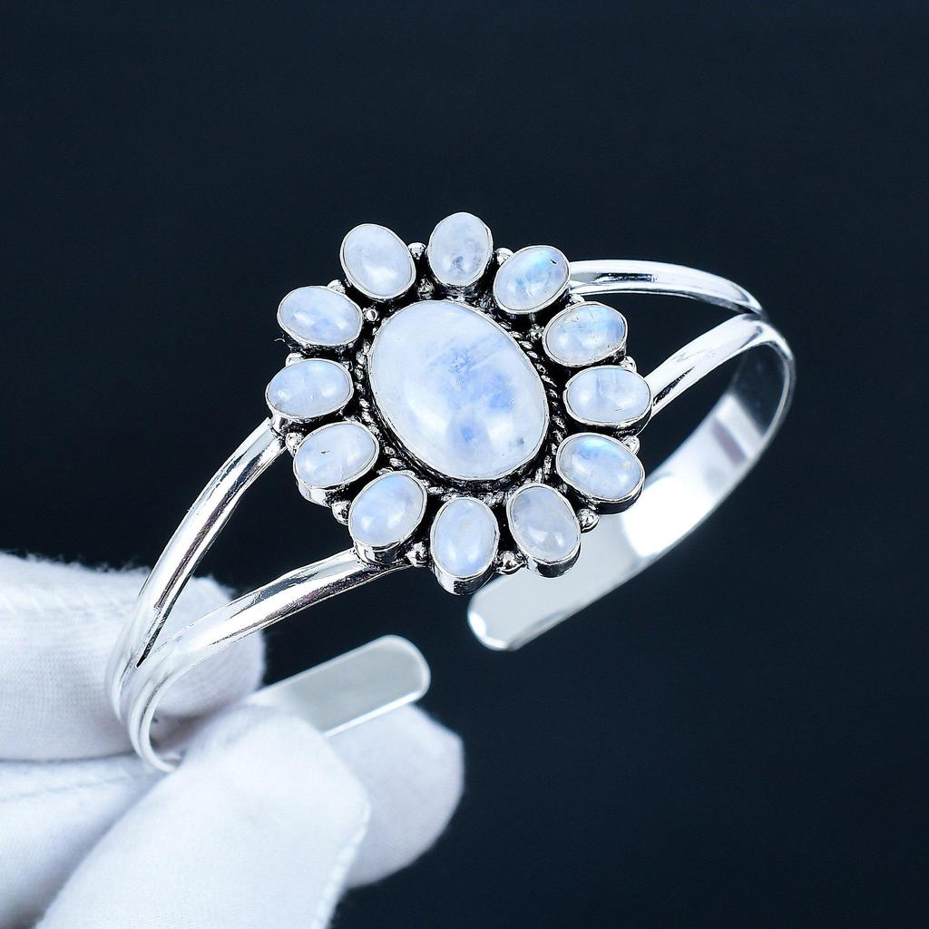 Piatră prețioasă Piatra Lunii Curcubeu Brățară Manșetă Handmade Argint Sterling 925 Brățară Manșetă, Brățară Formă Floare Piatra Lunii Curcubeu Pentru Soție, Brățară Unisex