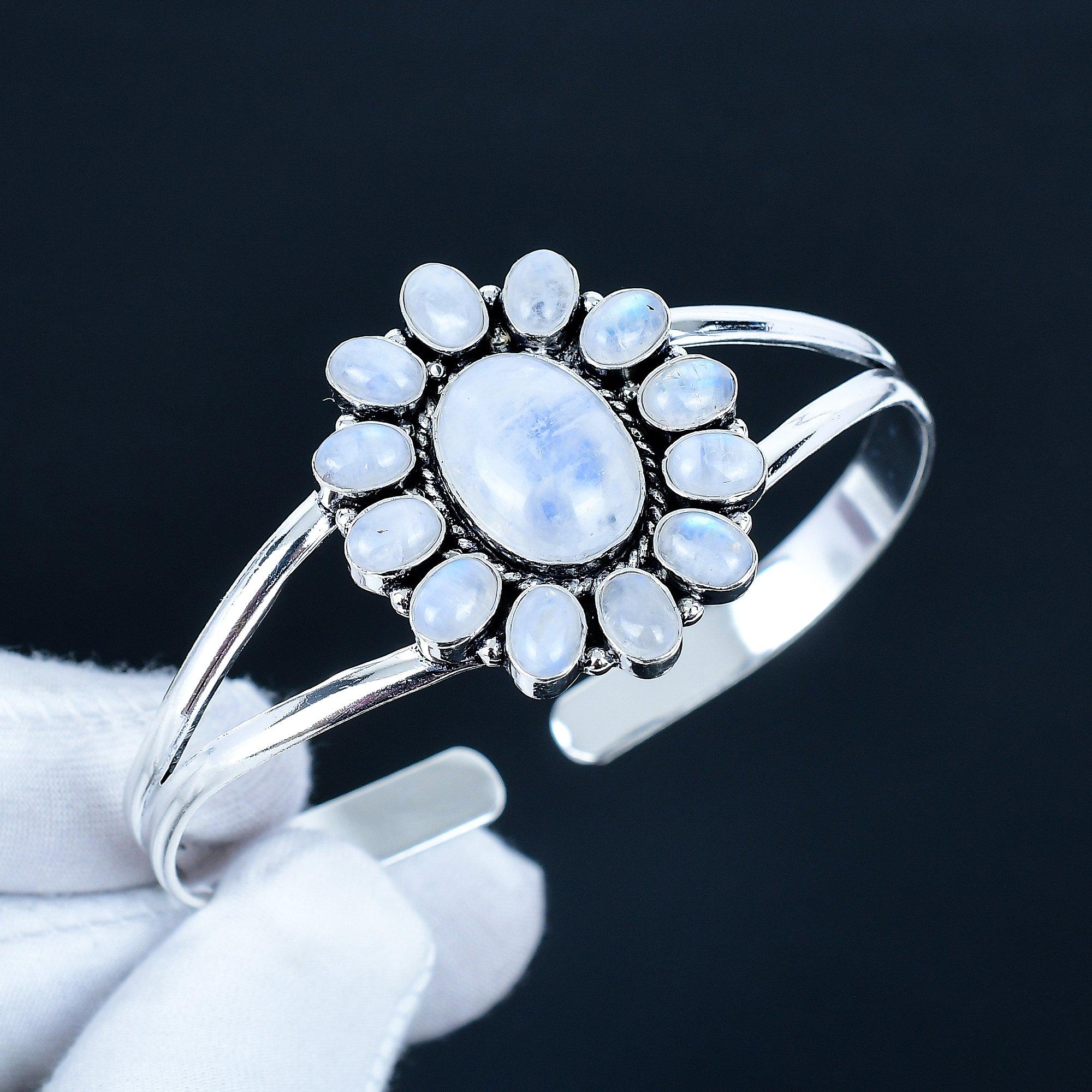 

Радужный Лунный Камень Драгоценный Камень Ручной Работы Манжета Браслет из Стерлингового Серебра 925 пробы, Браслет в форме Цветка Радужного Лунного Камня для Жены, Унисекс Браслет 7 белый