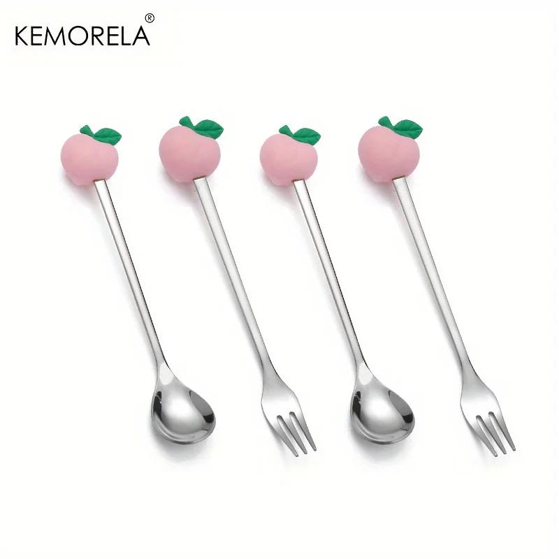 4-Piece Stainless Steel Set Teaspoon Fruit Fork Coffee Spoon Stainless Steel Dessert Spoon Suitable For Home Restaurant Bar персиковый