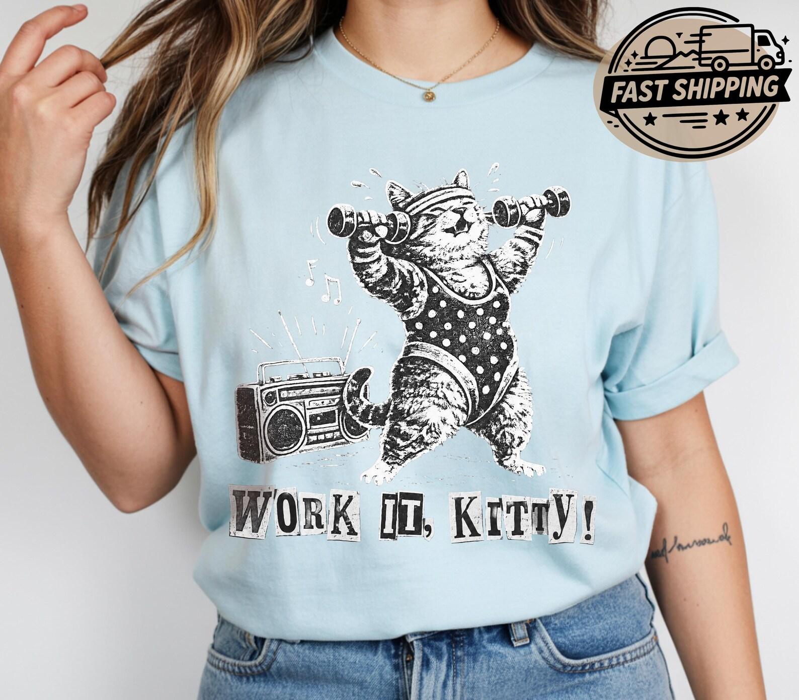 Funny Cat Gym Shirt, Work It Kitty Shirt, Cat Workout T shirt, 80s Aerobics Cat Tee, Feel The Purr Comfort Colors, Cat Lover Gift XL