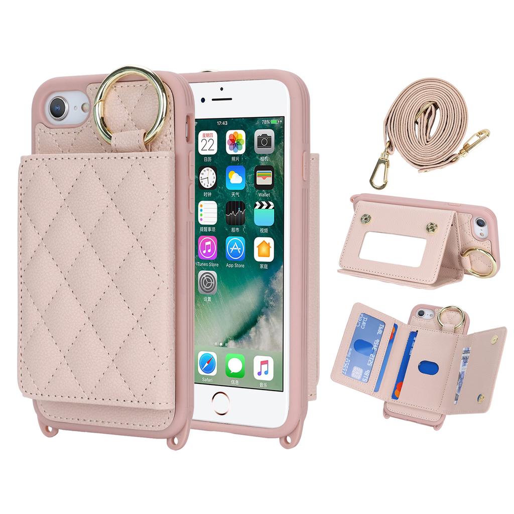 For iPhone SE (2022)/(2020)/8/7 Case with Lanyard/Mirror/Card Holder Grids Pattern RFID Blocking Phone Cover