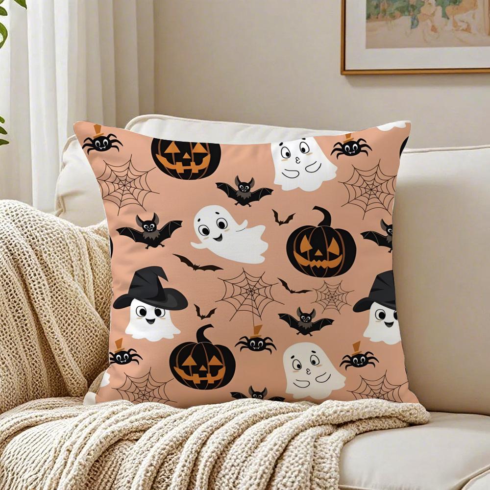 Halloween Witch Hat Skull Cushion Cover Linen Pillowcase Soft for Sofa Bed Home Room Decor