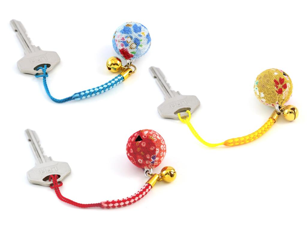 [Zune] Blume Chirimen Glocke (20 mm Durchmesser, 8 mm Durchmesser) Japanischer Chirimen Netsuke Anhänger Schlüsselanhänger Mittlere Glocke (3er Set (Weißes Indigo, Senf,