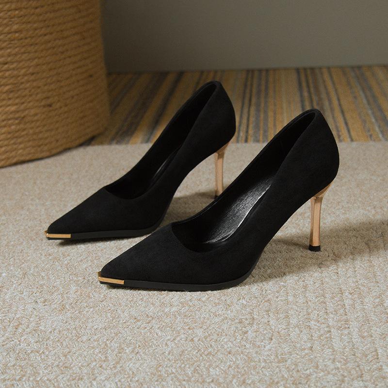 

High sense! Gold professional high heels women s 2025 new spring and autumn suede temperament pointed head thin heel single shoes black 34