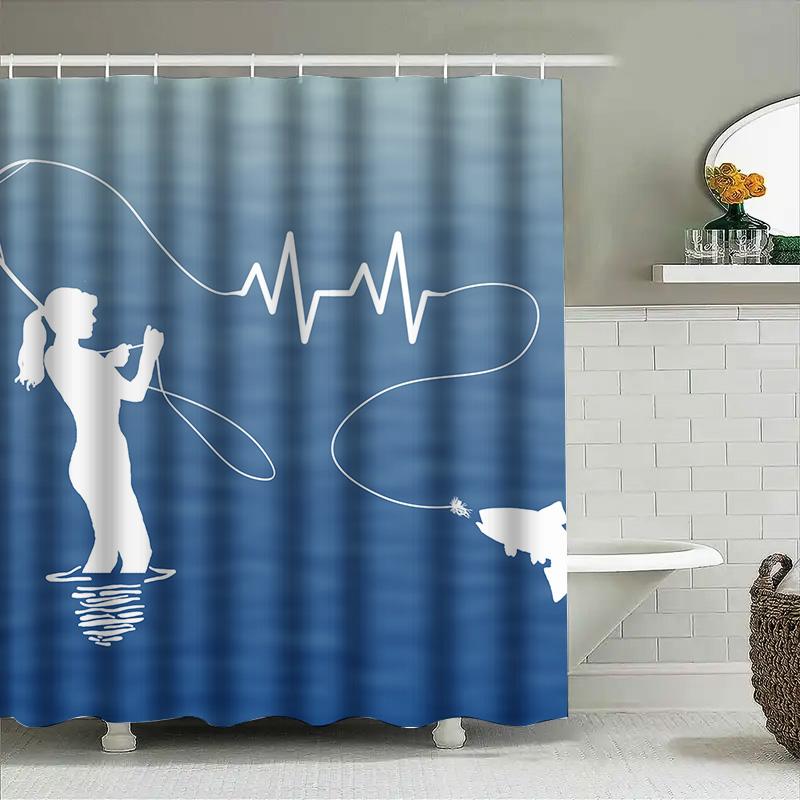 Blue Heartbeat Shower Curtain Silhouette Water Sports Girl Decoration For Bathroom Window Privacy Waterproof Fabric Backdrop