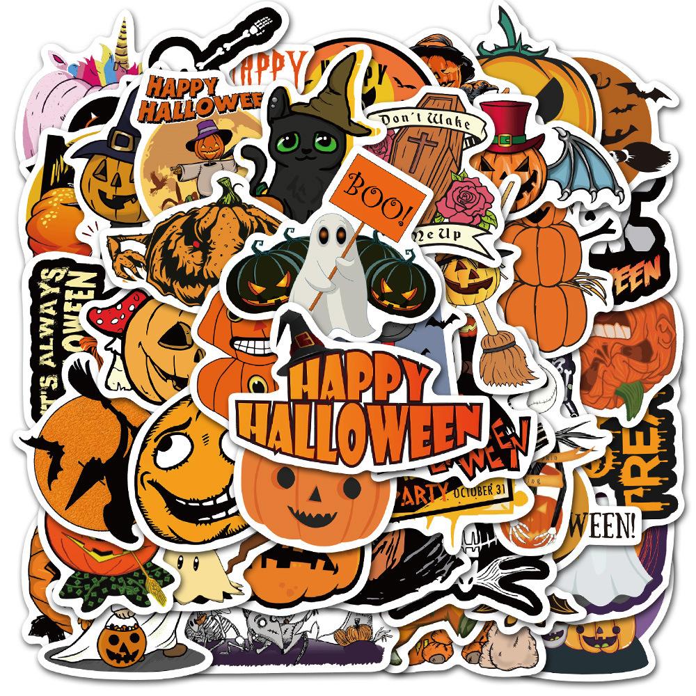 50pcs Neon Halloween Cartoon Graffiti Stickers - Spooky Horror Decals for Water Bottles, Party Supplies, Reusable Self-Adhesive