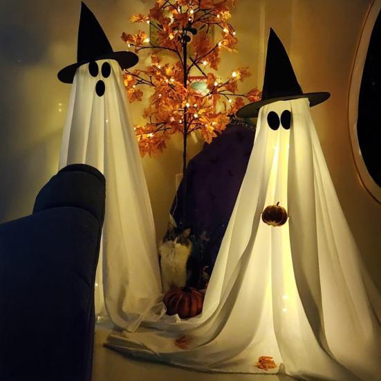 

Halloween Ghost Decoration with LED Light Large White Scary Light Up Ghost with Witch Hat for Outdoor Front Porch Yard Garden Lawn Home Decor S A