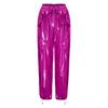 Womens Metallic Shiny Cargo Pants Elastic Waistband Ruffled Trim Multi Pockets Jogger Trousers