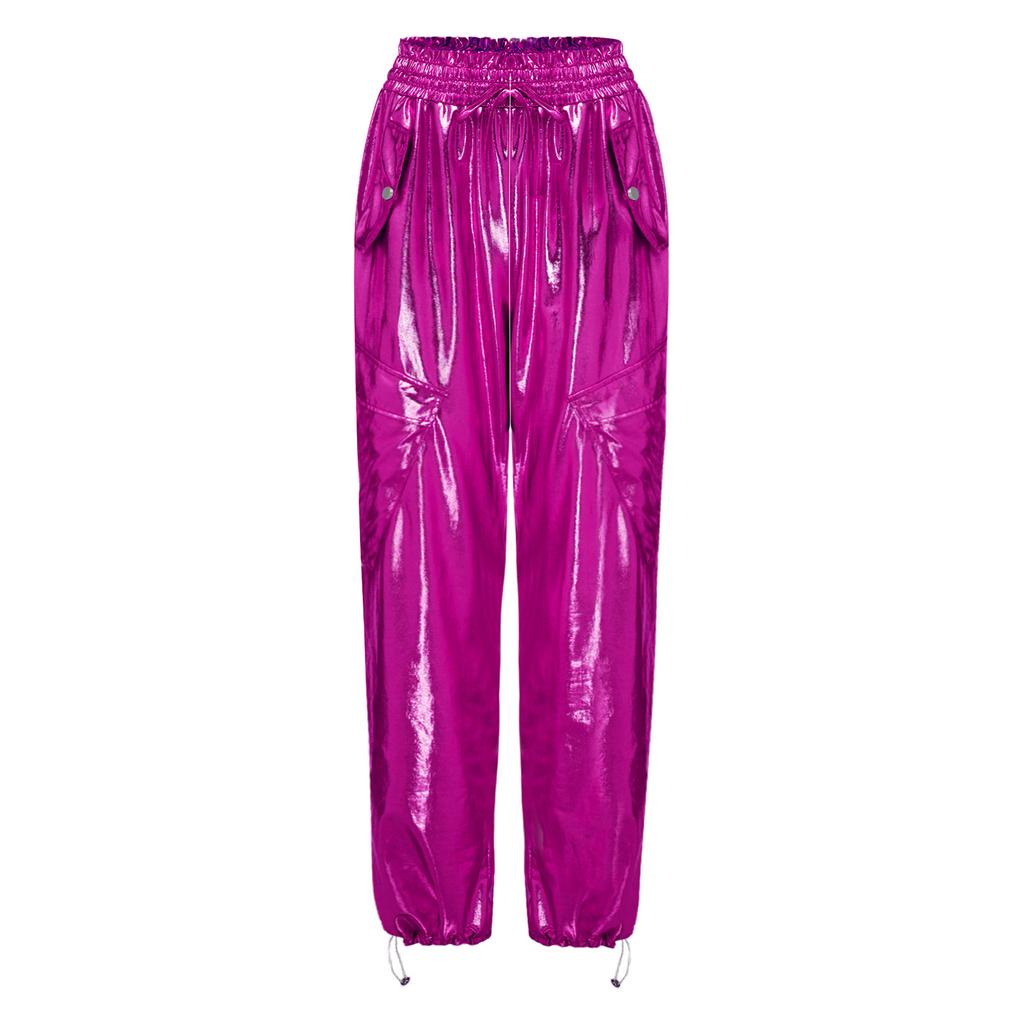 Womens Metallic Shiny Cargo Pants Elastic Waistband Ruffled Trim Multi Pockets Jogger Trousers