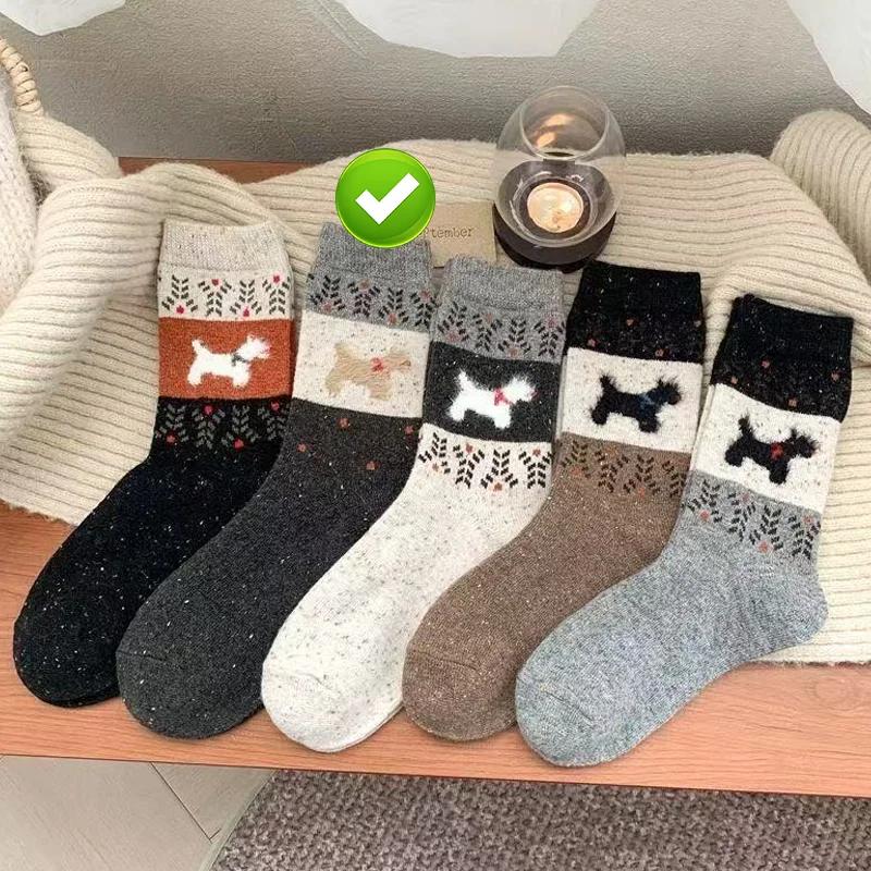 1/5pairs Plush Warm Puppy Socks Women Winter Color Block Mid Calf Soft Fluffy Fabric American Retro Cartoon Design Cozy Cotton
