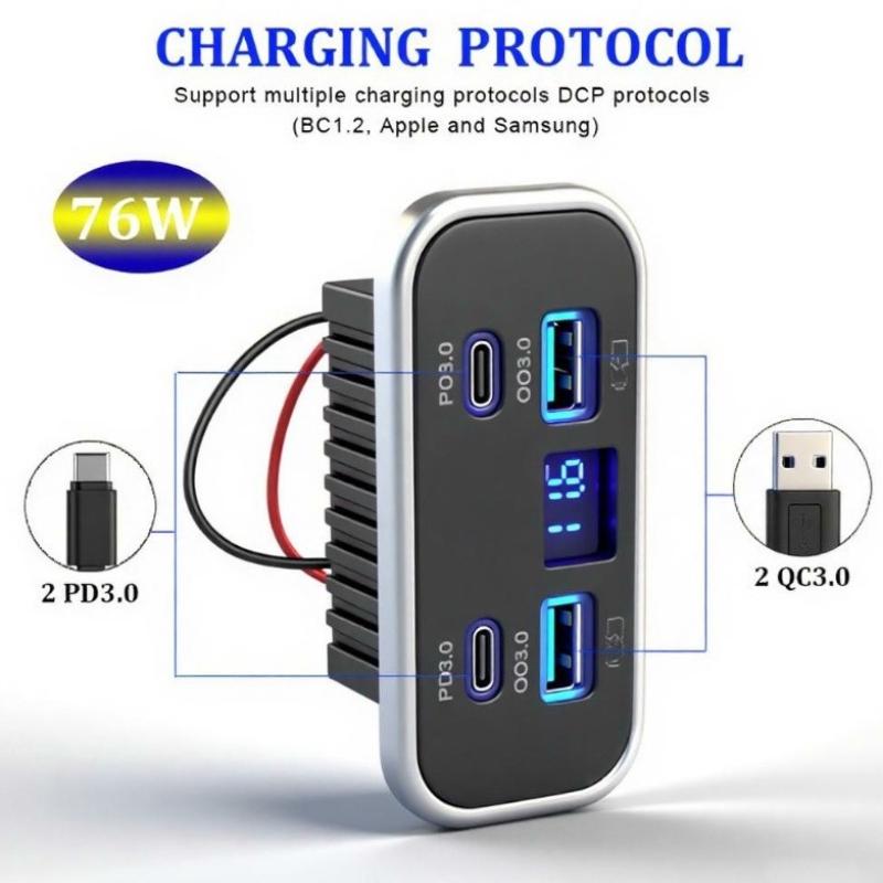 12V 24V Usb Outlet Car Charging 4-Ports Dual Pd Dual Qc3.0 Socket With Voltmeter Wall Mount Accessories For Car Marine Rv Truck