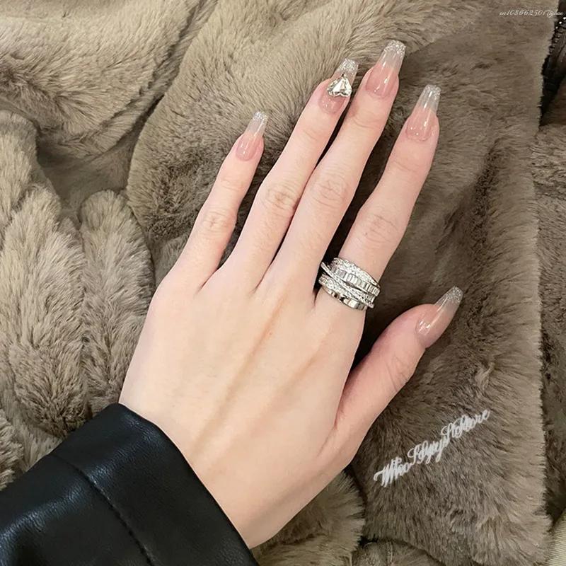 Korea New Fashion Jewelry Exquisite Silver Color Zircon Ring Elegant Women's Opening Adjustable Wedding Gift Luxury Accessory