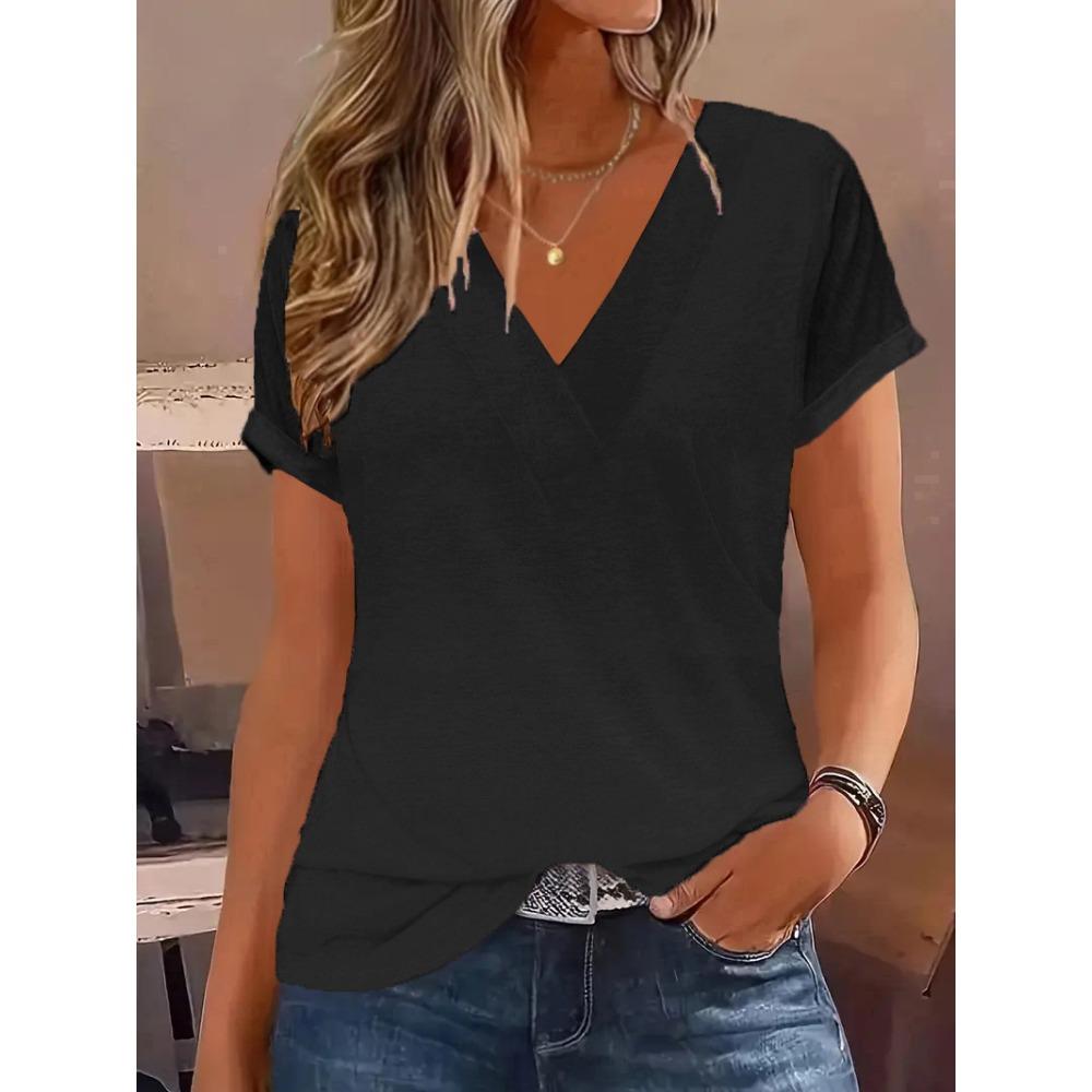 T-shirt, T-shirt z krótkim rękawem i dekoltem w serek, top damski, casualowy, elegancki, modne ubrania, 2025 casualowe lato, wiosna i jesień