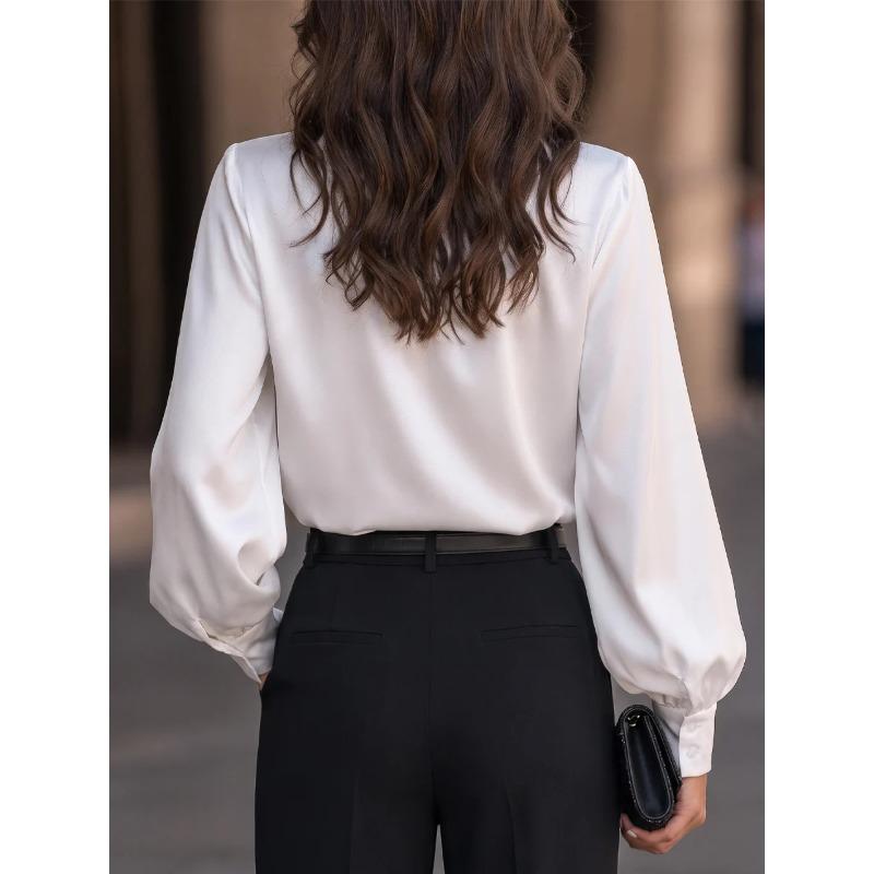 VEZFAA Blusas y camisas de cuello tipo polo de manga larga con estampado de colores sólidos informales de moda para mujer para primavera y otoño