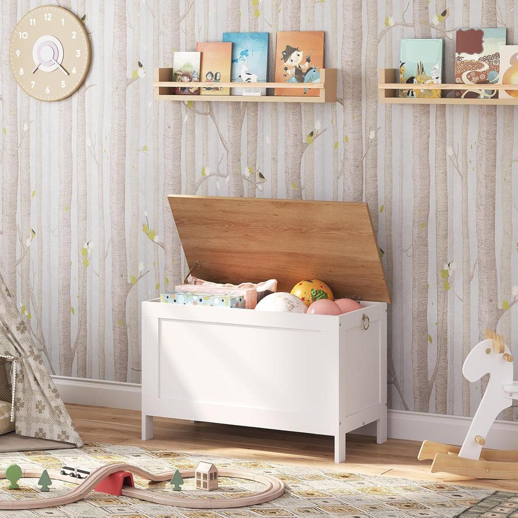 Wooden Finish Lift-Top Storage Chest with Safety Hinges