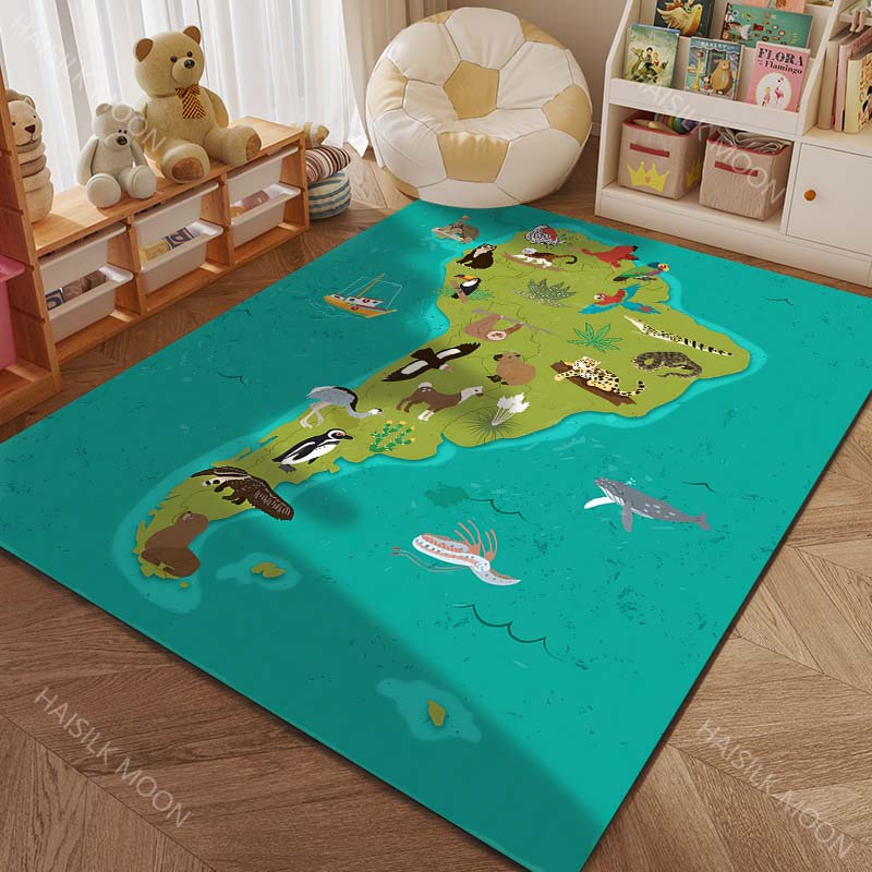 Cartoon Map of Five Continents with Animals Print Carpet for Living Room Bedroom Sofa Doormat Decor Kids Room Area Rug for Gifts