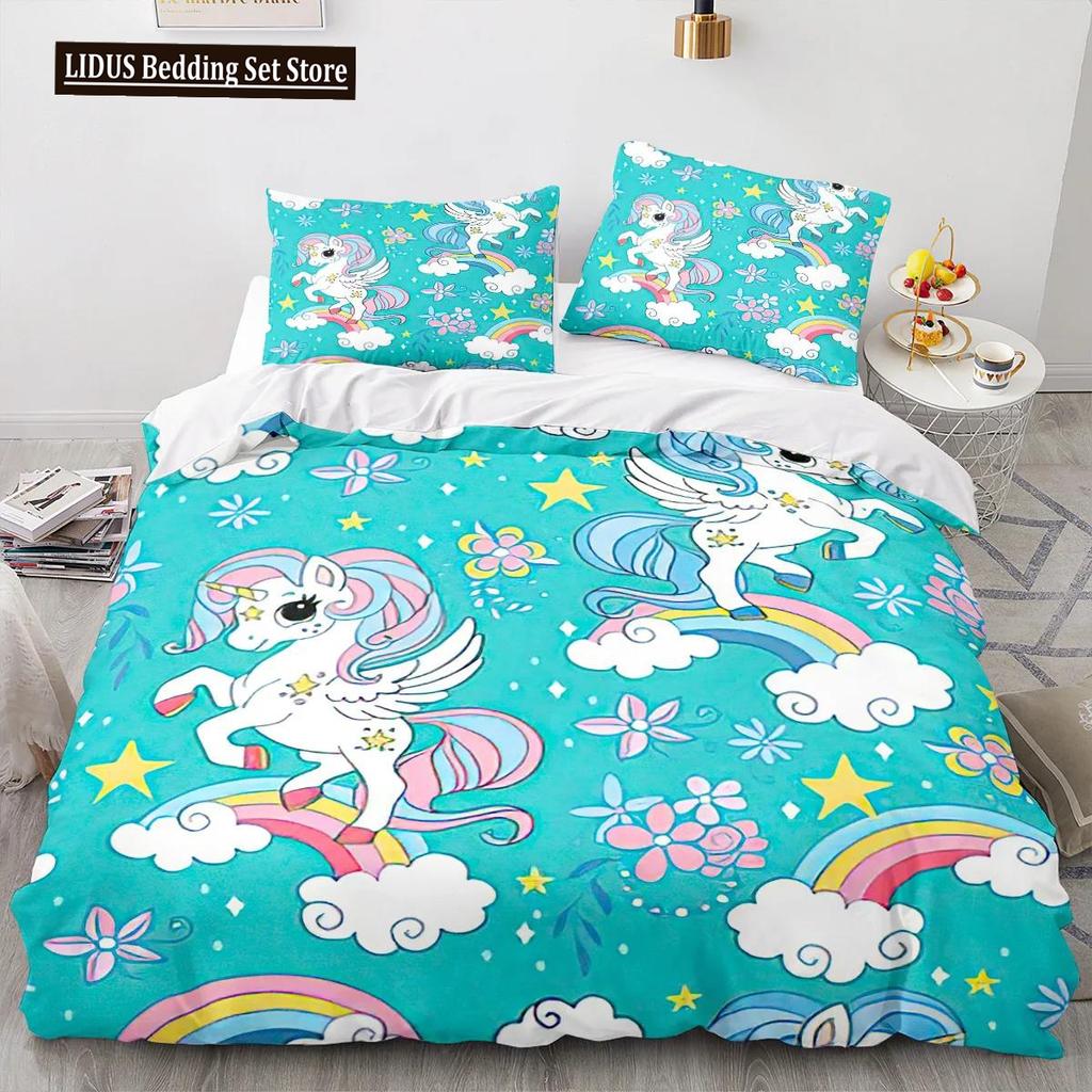 Cartoon Unicorn Duvet Cover King Queen Lovely White Mythical Animal Bedding Set Kids Girl Colorful Rainbow Polyester Quilt Cover