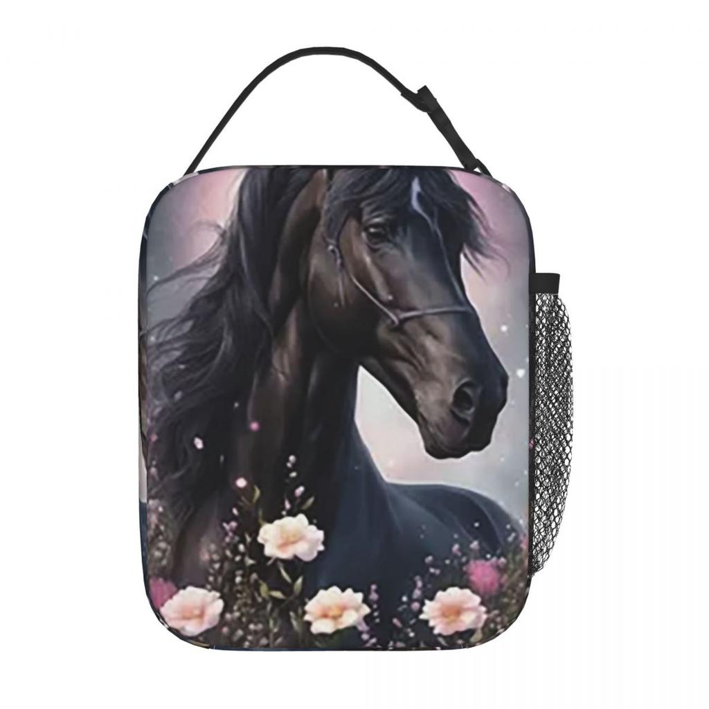 Verzaubertes Schwarzes Pferd in Blumen Isoliert Lunchtasche für Kinder Schule Kühlbox Thermische Lebensmittelbox Tragetasche Auslaufsicher Lunchboxen Behälter
