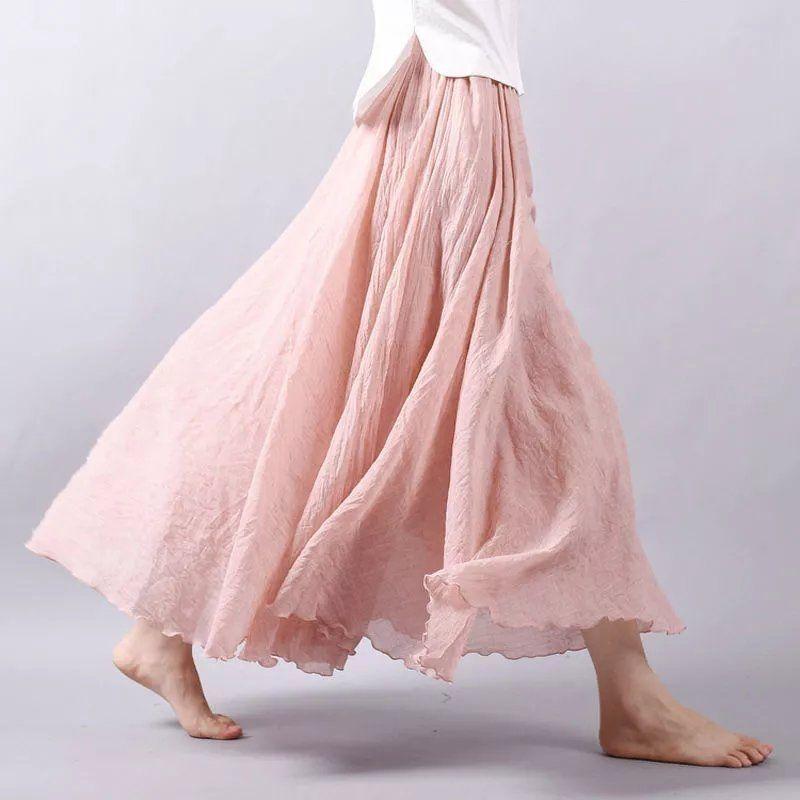 Boho Beach Women's Skirt Linen Cotton Blend Elastic Waist Long Pleated Maxi, Vintage Summer Casual Skirt Faldas Saia