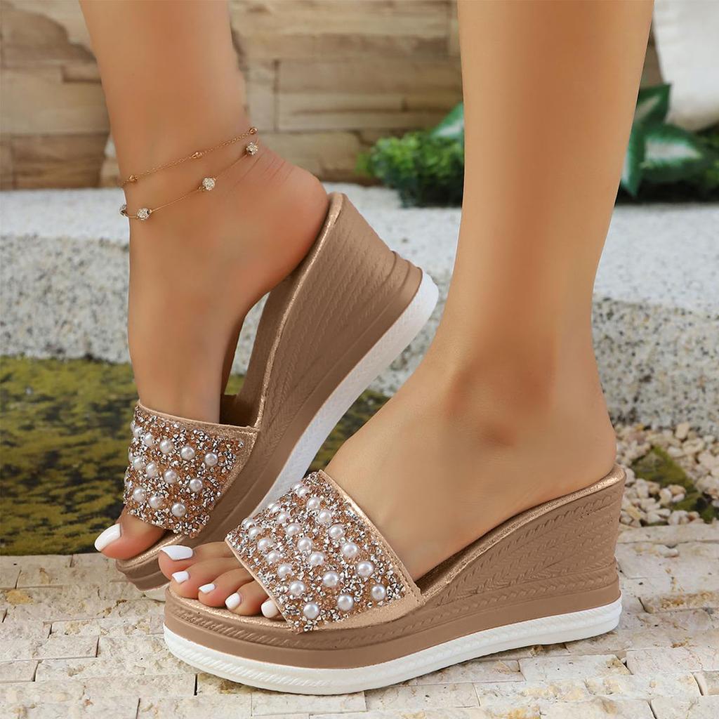 Queen Style Sandals Women'S Casual And Stylish Pearl And Rhinestone Platform Wedge Sandal Womens Summer Dress Accessories