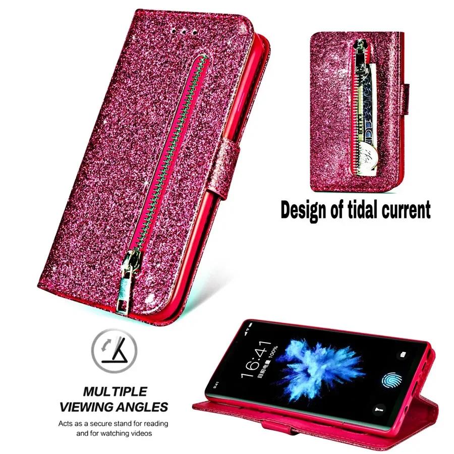 Wallet Bling Glitter Magnetic Flip Zipper Leather Case For Samsung Galaxy S24 FE S23 Ultra S22 Plus S21 S20 FE S10 20 10 9