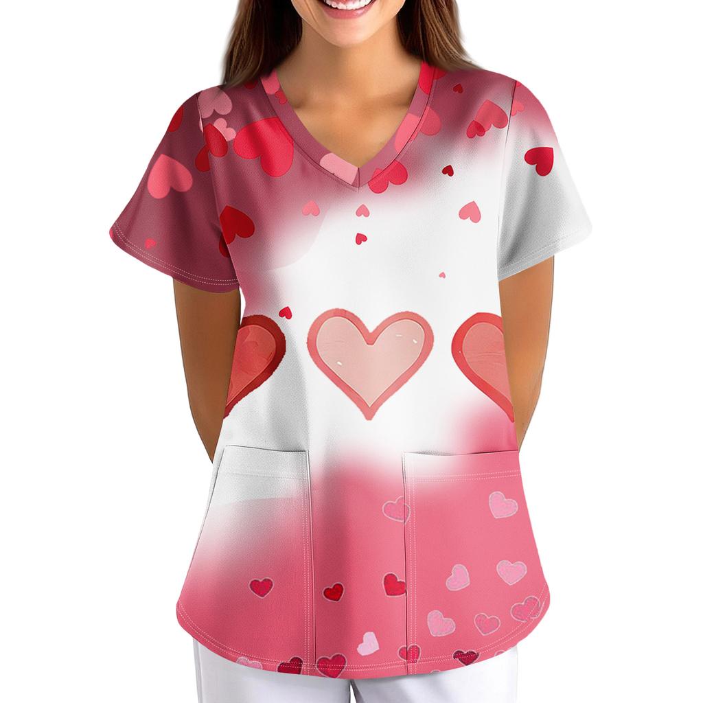 ÜbergrößeBedruckte Kasack Arbeitsuniform Oberteile für Damen V-Ausschnitt mit Überkreuzung Print Kurzarm Lustige T-Shirts Arbeitskleidung T-Shirt mit Taschen