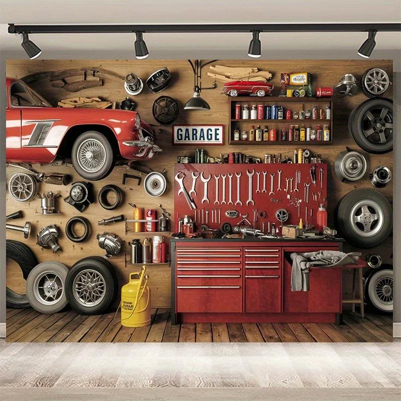 Retro Banner for Workshop or Garage Party | Decorative Polyester Background | Classic Car Design and Toolbox | Car Decorations