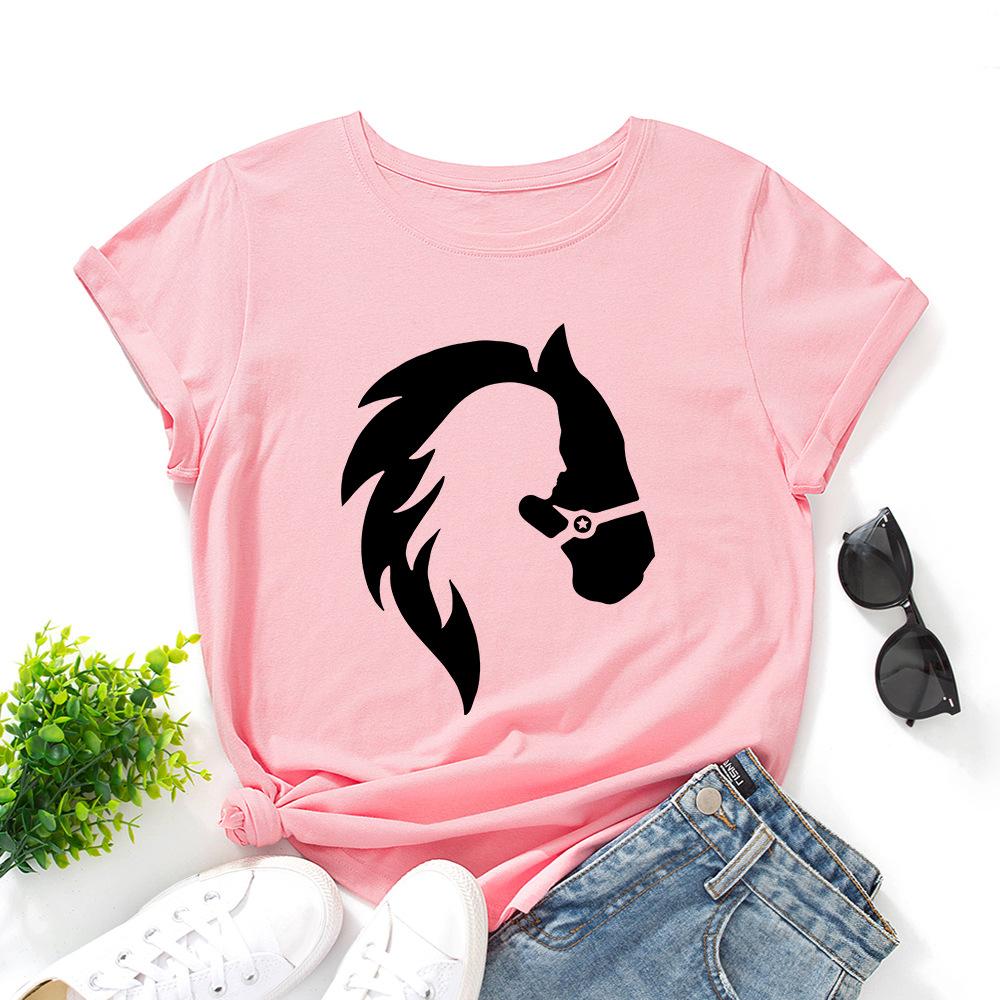 Character Animal Human Silhouette Cotton T-Shirt Short Sleeve Round Neck Women 2d Print Tops