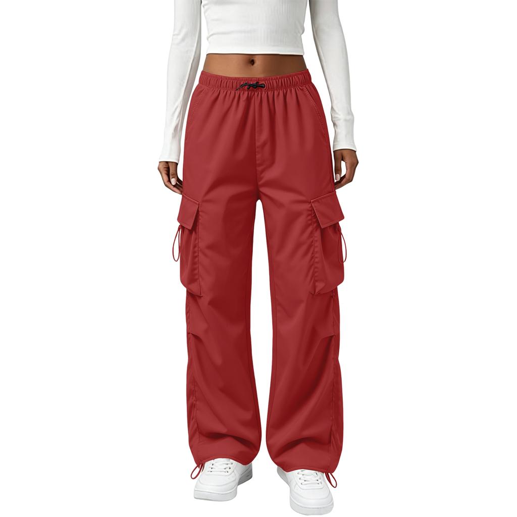 Women's Vintage Straight Leg Cargo Pants Elastic Waistband Drawstring Adjustable Hem Utility Workwear Trousers
