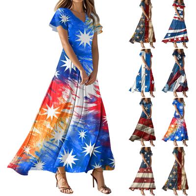 Women's Independence Day Flag Print Casual V-Neck Short Sleeve High Waist Dress