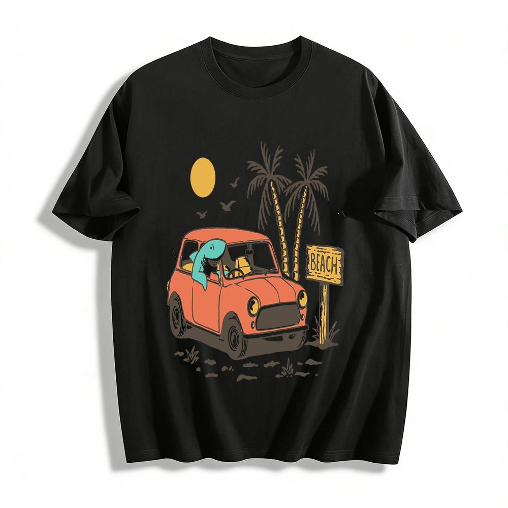 

Shark Driving Car Print T-shirt Beach Style Casual Short Sleeve Top Pure cotton T-shirt XXS