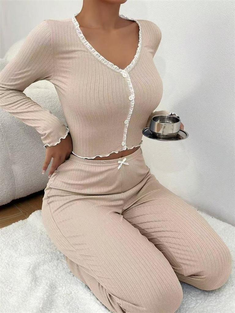 European & American Lace Long Sleeve Pajama Set - Slim Fit