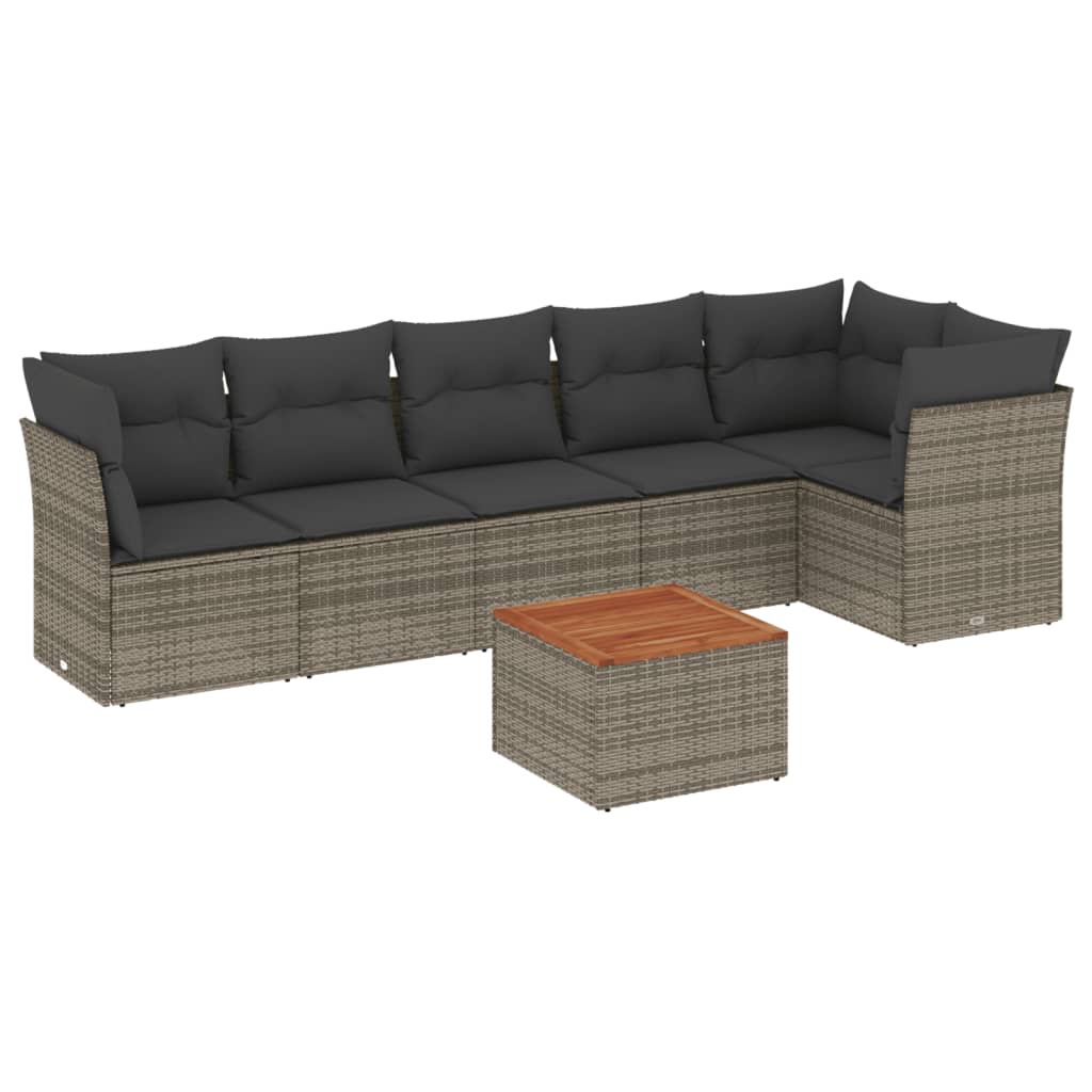 7-teiliges Gartensofa-Set mit Kissen, graues Poly-Rattan