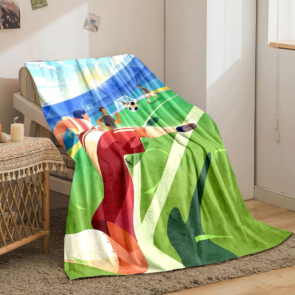 A soccer player kicking a ball in a stadium under a sunny sky. for all seasons blanket lunch break throw gift