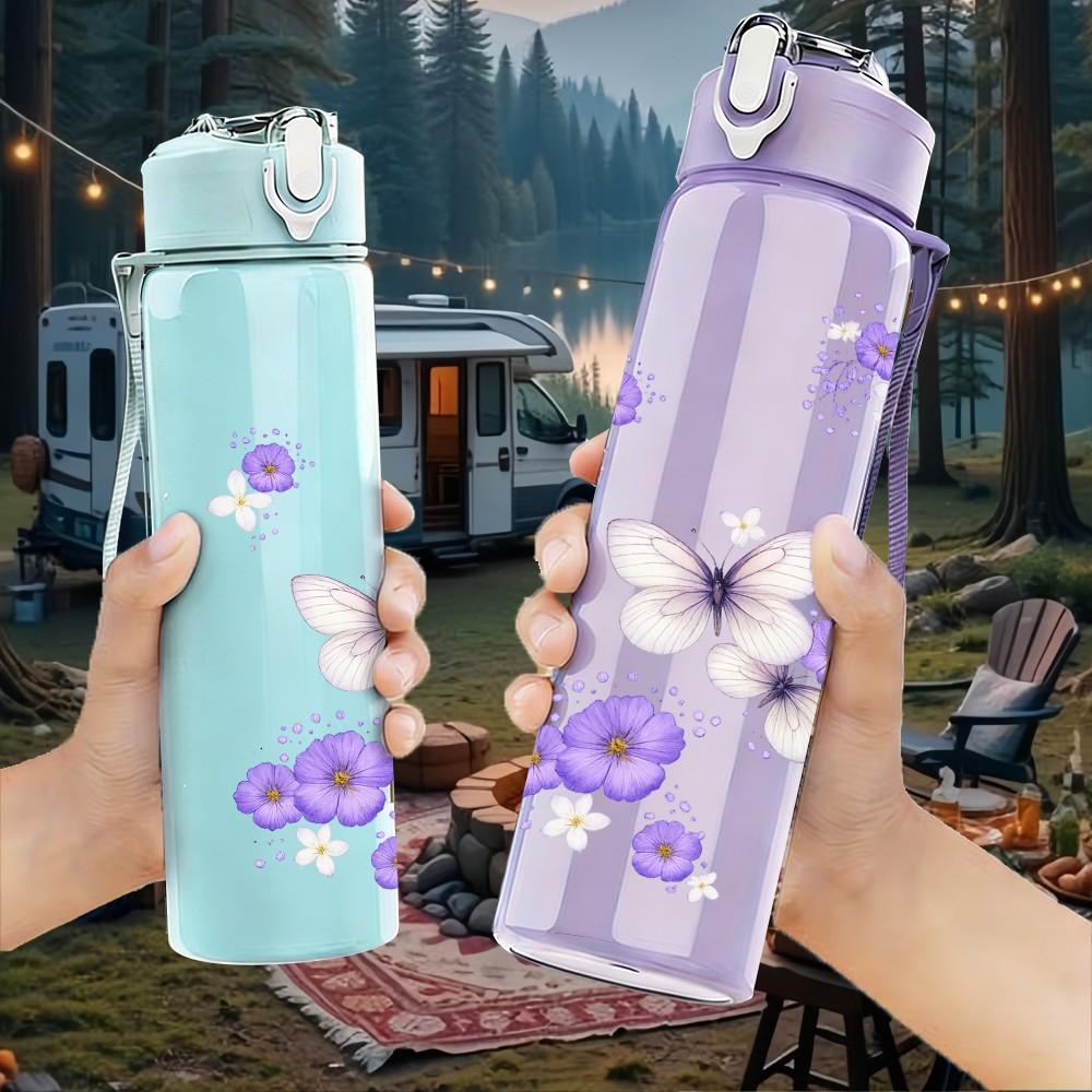 1PC Light Purple Butterfly Floral Print 750ml Color Plastic Sports Water Bottle Leakproof Flip Straw Lid Suitable for Sports Office Home Use
