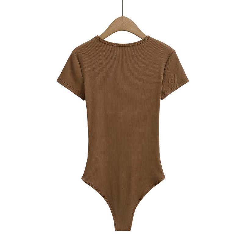 Damen Slim Stretch V-Ausschnitt Jumpsuit T-Shirt - Sexy Kurzarm Basisschicht Oberteil