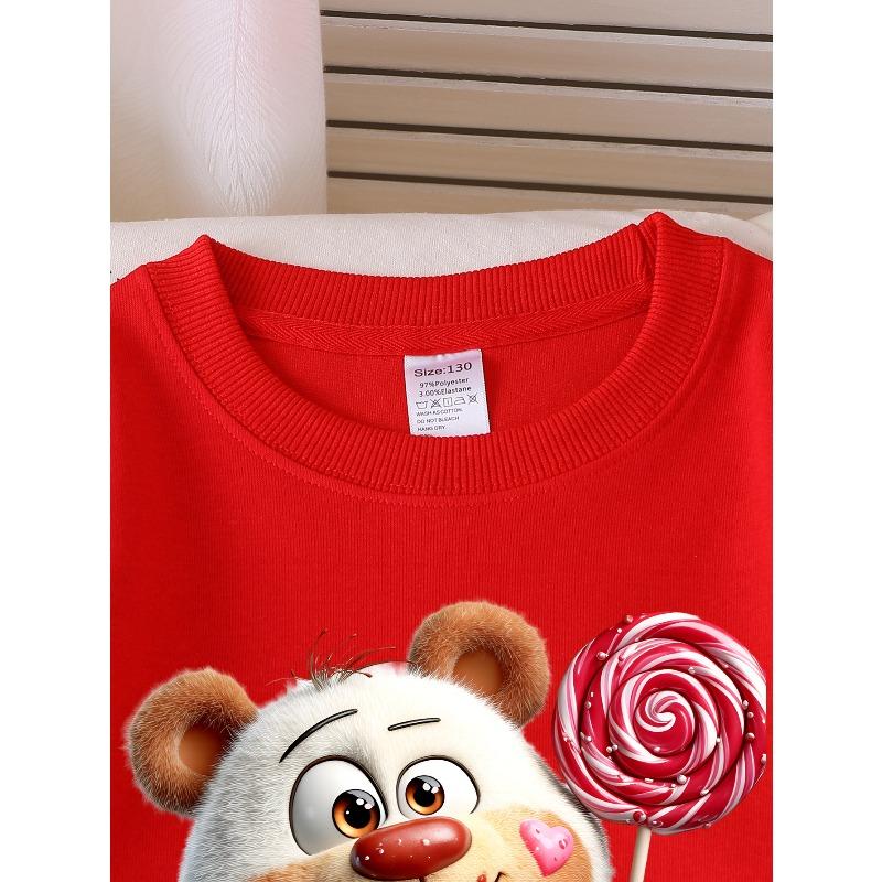 Adorable Crewneck Sweatshirt for Girls Featuring a Bear with a Lollipop Heart, Suitable for Machine Washing