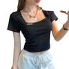 Vintage French square collar short high-waisted open-button short-sleeved t-shirt women's slim-fit summer bottoming shirt top tide