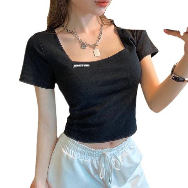 Vintage French square collar short high-waisted open-button short-sleeved t-shirt women's slim-fit summer bottoming shirt top tide