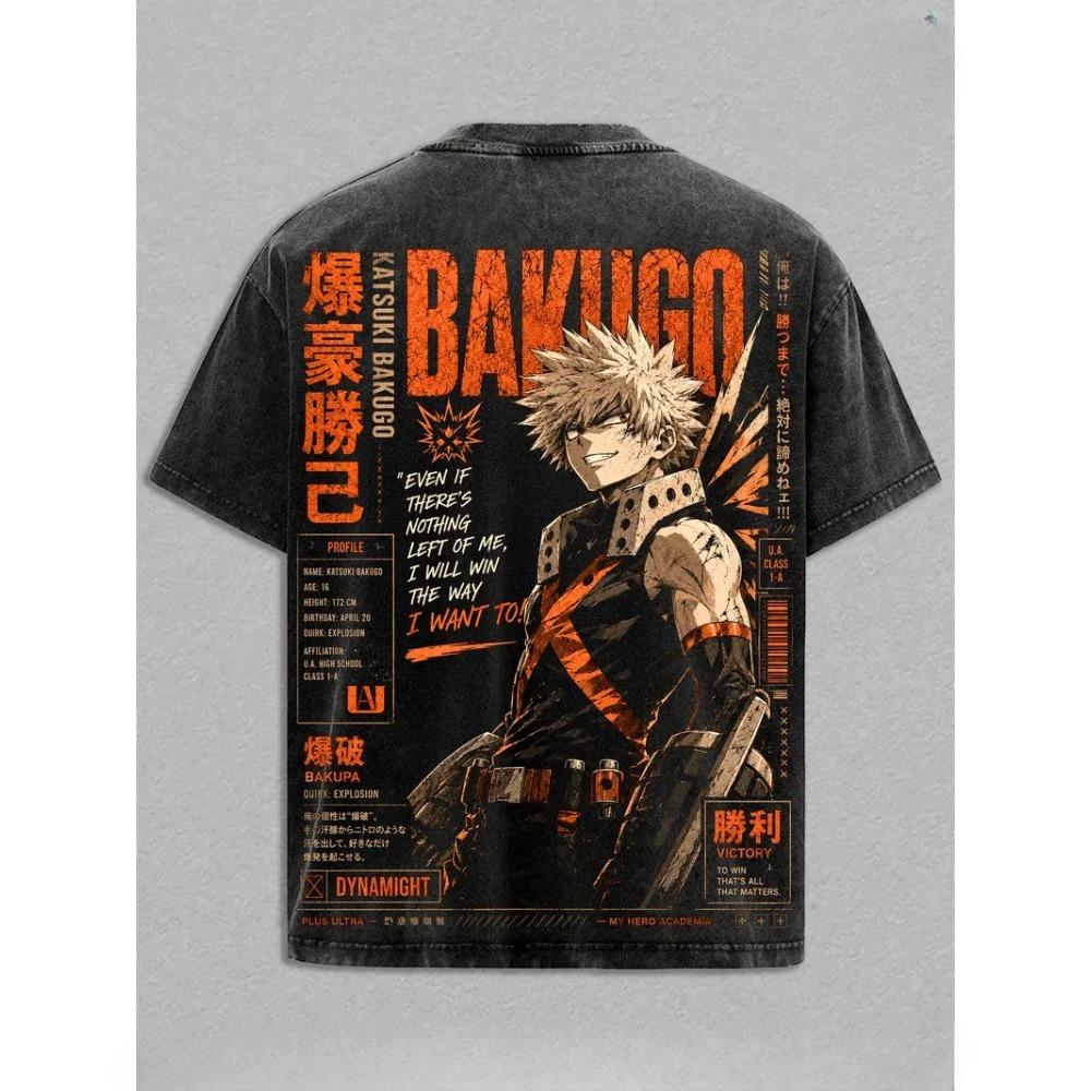 Anime My Hero Academia Katsuki Bakugo Graphic T Shirt Men Short Sleeve Clothing Loose Tshirt Washed Cotton Tee Casual T-shirt