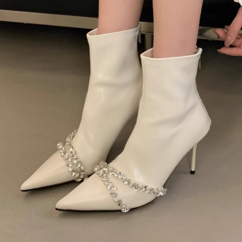 Fashion Luxury Crystal Women High Heels Ankle Boots Sexy Pointed Toe Heeled Shoes 2025 Trend New Fashion Designer Winter Boots Pumps
