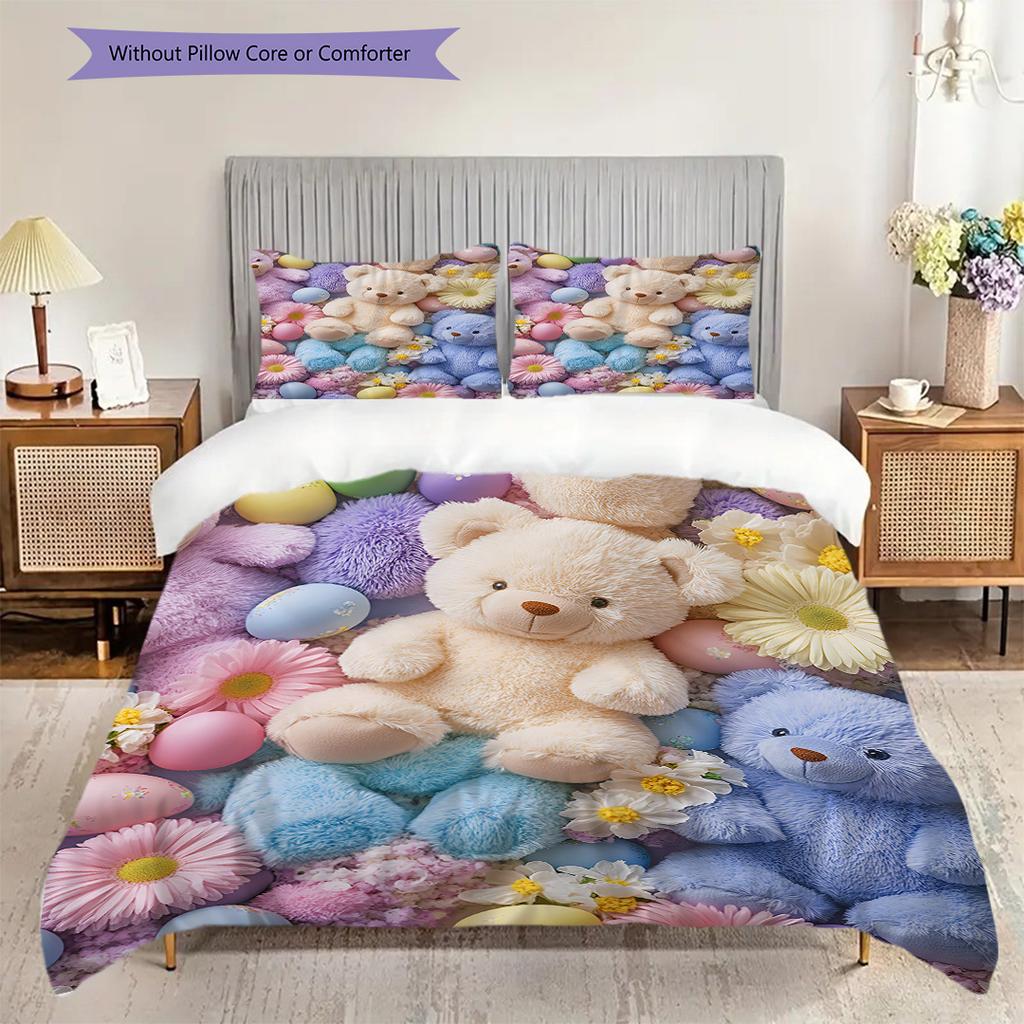 Teddy Bear Pattern Bedding Quilt Set Quilt Cover Pillowcase Home Decoration Birthday Gift (1 * duvet cover + 2 * pillowcase, without core)