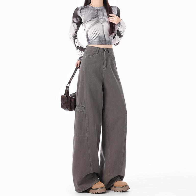 Women's High Waist Cargo Jeans Wide Leg Flare Jeans No Stretch Denim Pants Streetwear Pocket Trousers